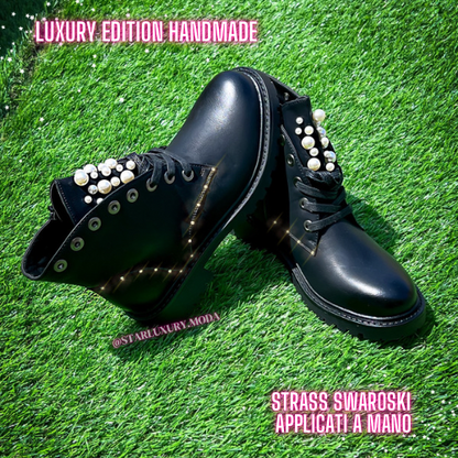 Padded ankle boots with pearls and rhinestones HandMade