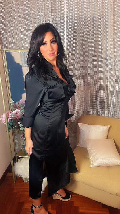 Satin Shirt Dress - Black