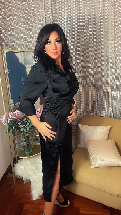Satin Shirt Dress - Black