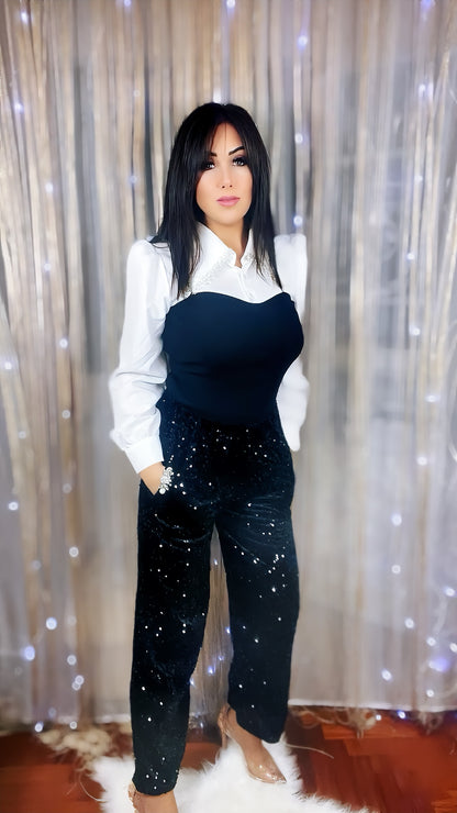 Knit corset shirt with jewel collar