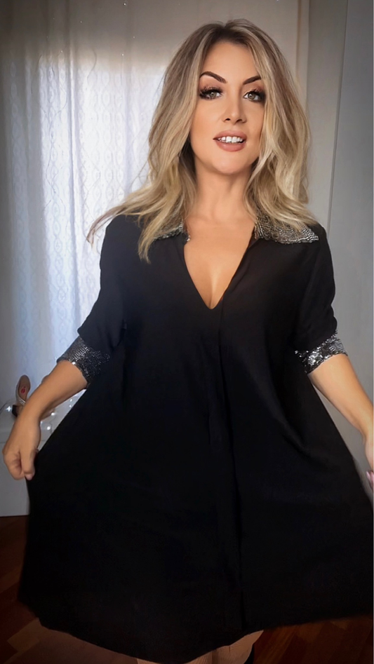 Over Flared Blouse Shirt Cut with Silver Sequins