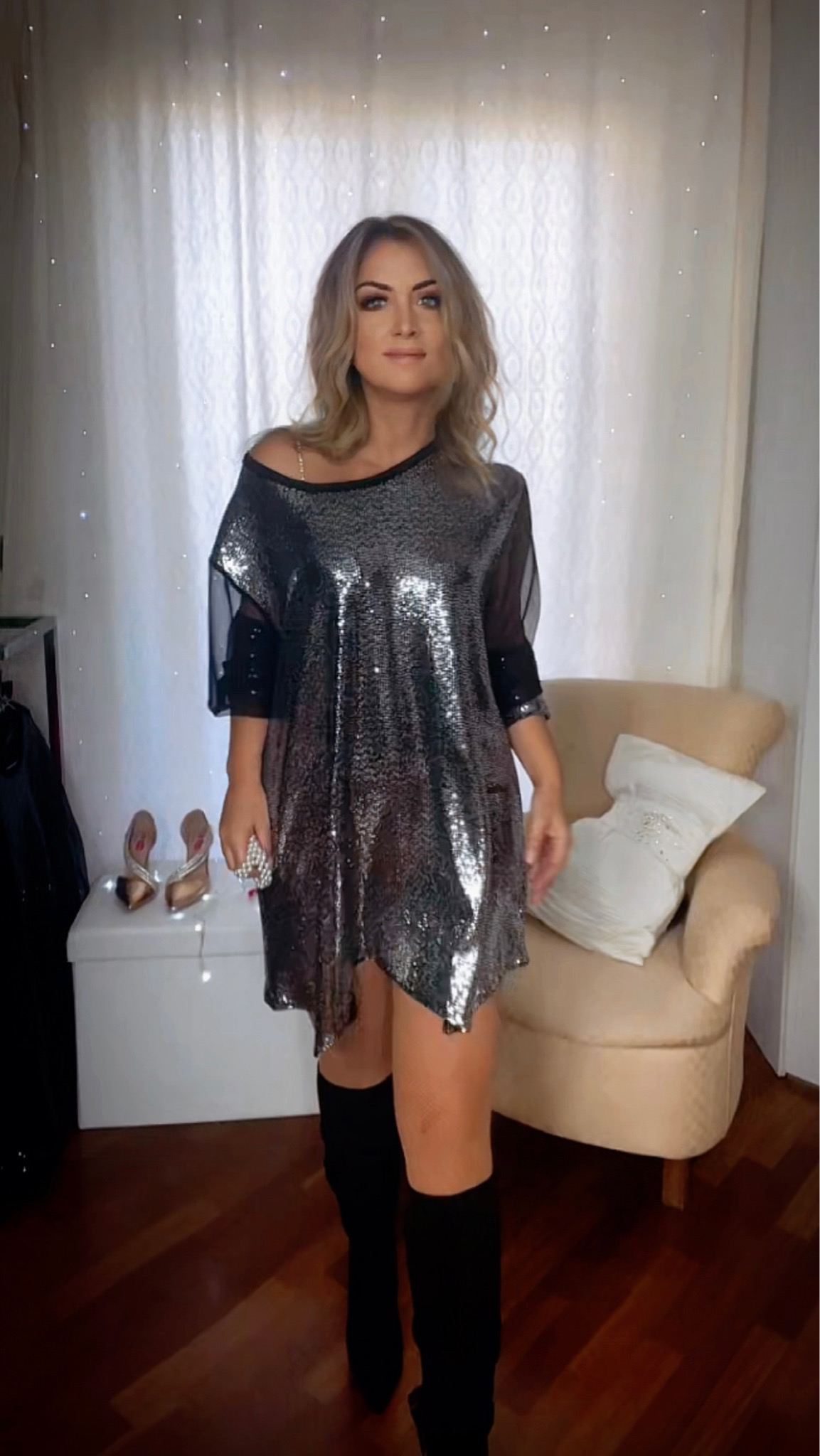 Oversized Sequin Blouse with Sheer Sleeves - Silver