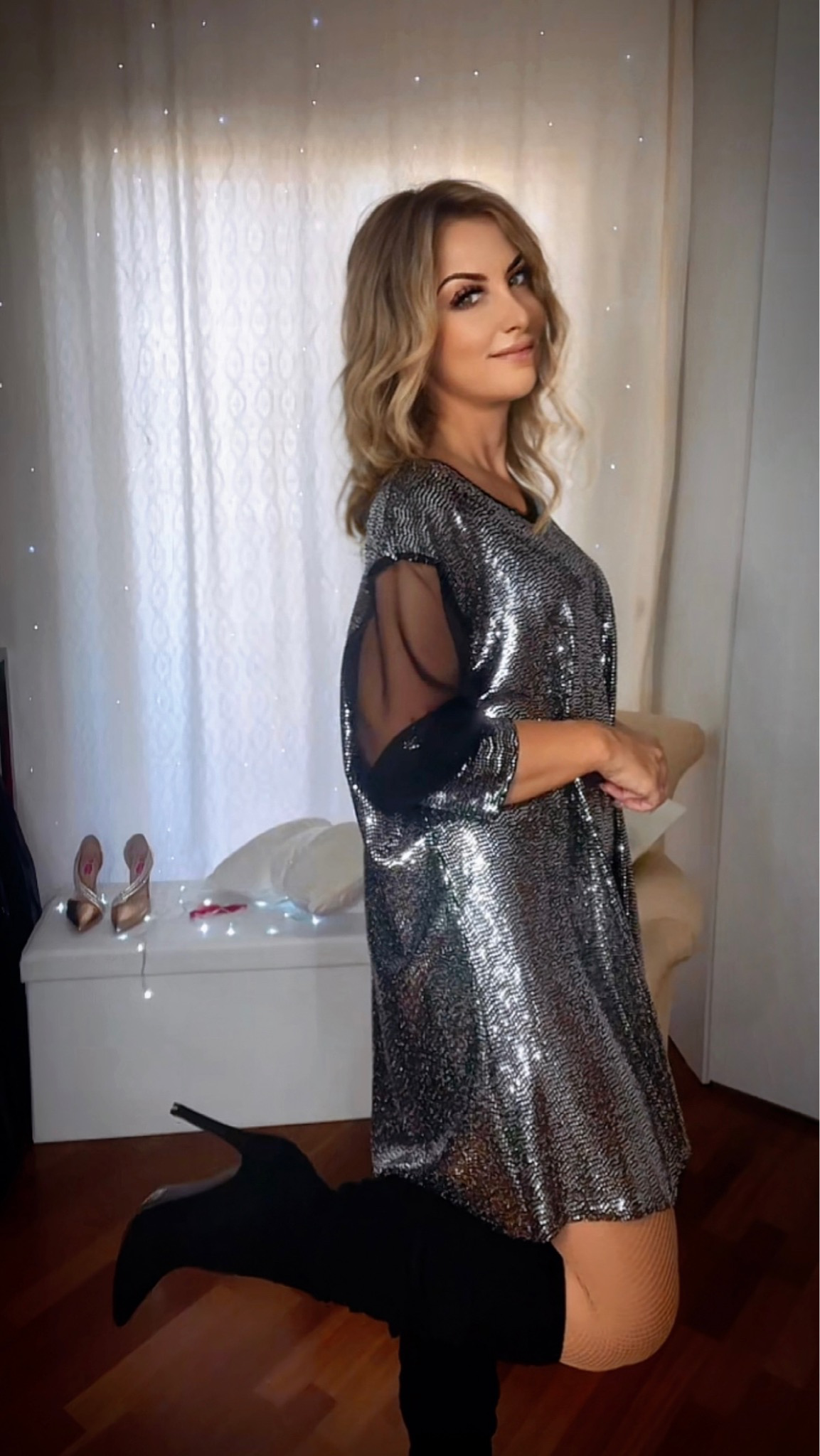 Oversized Sequin Blouse with Sheer Sleeves - Silver