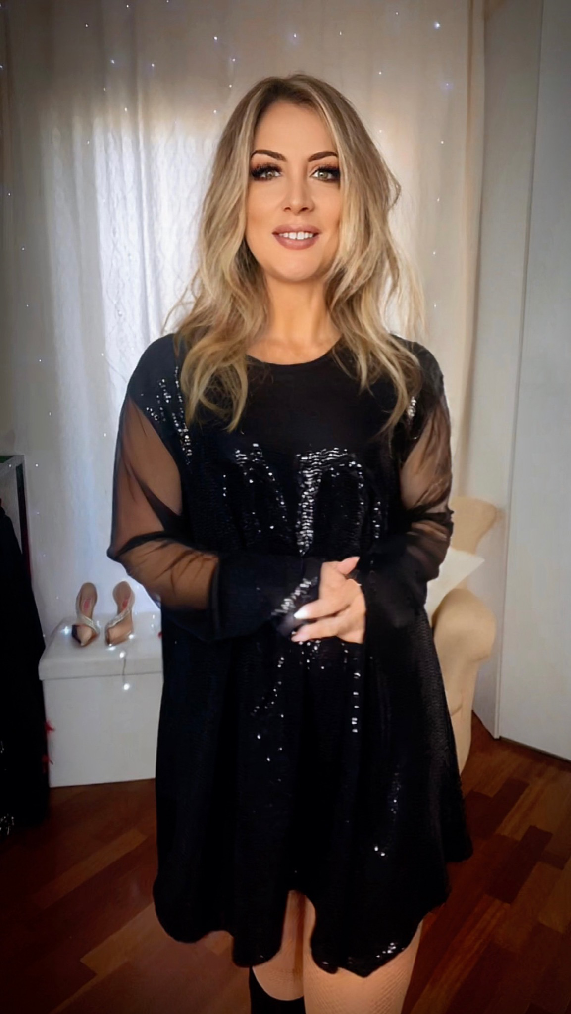 Oversized Sequin Blouse with Sheer Sleeves - Black