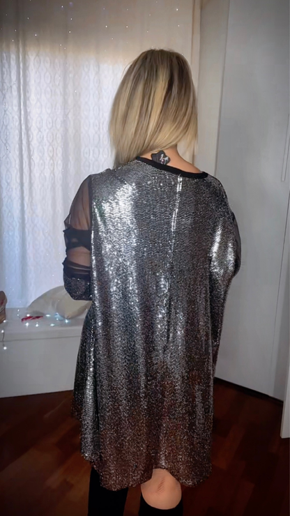 Oversized Sequin Blouse with Sheer Sleeves - Silver