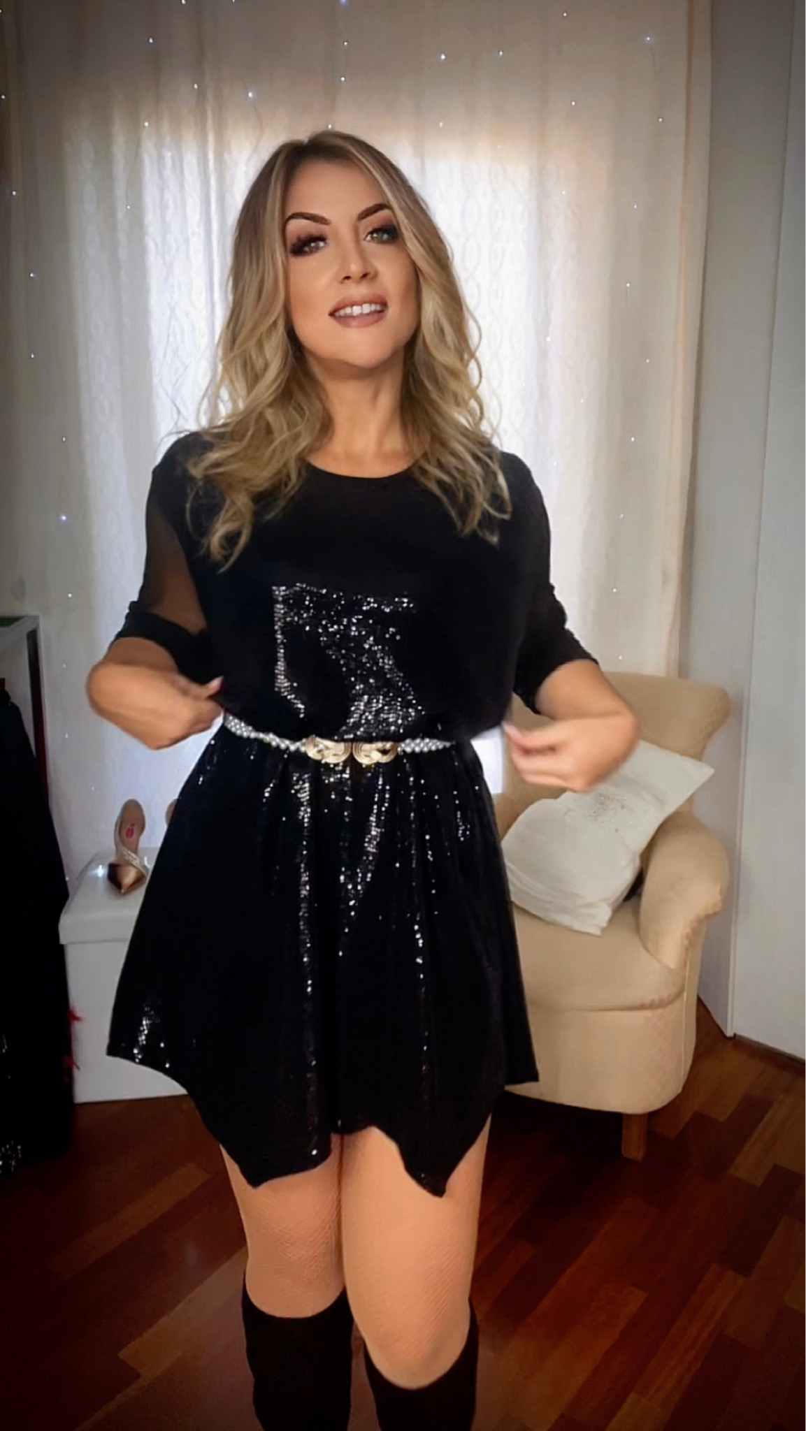 Oversized Sequin Blouse with Sheer Sleeves - Black