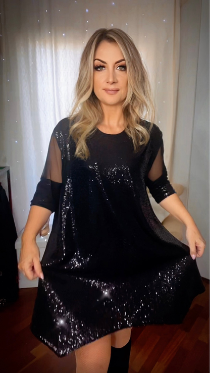 Oversized Sequin Blouse with Sheer Sleeves - Black