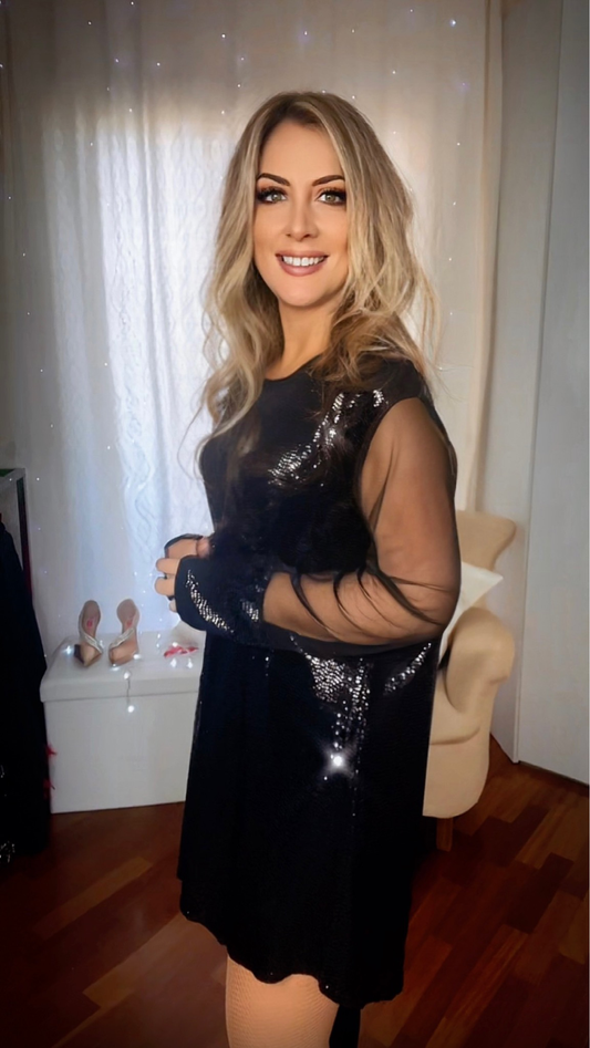 Oversized Sequin Blouse with Sheer Sleeves - Black
