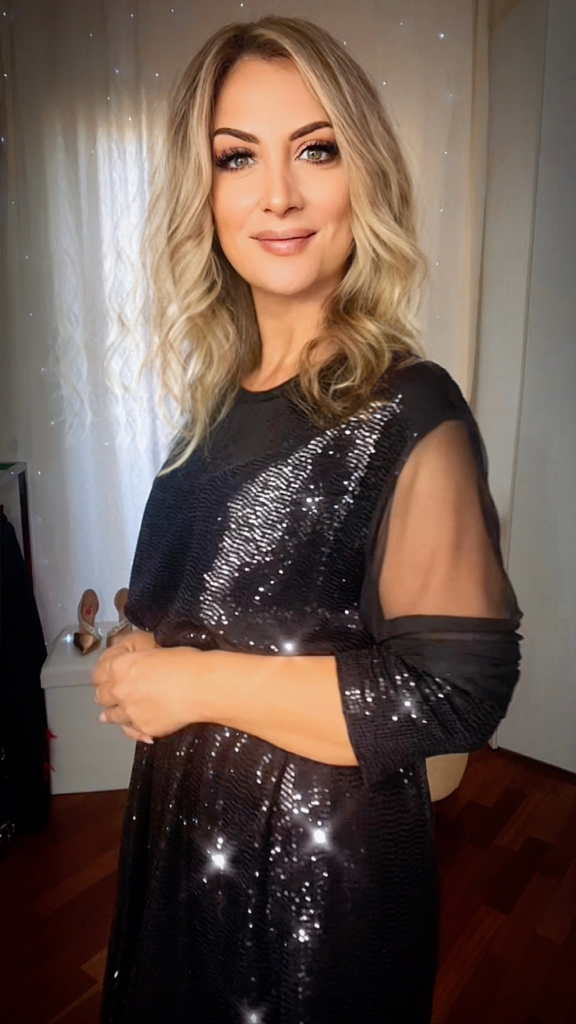 Oversized Sequin Blouse with Sheer Sleeves - Black
