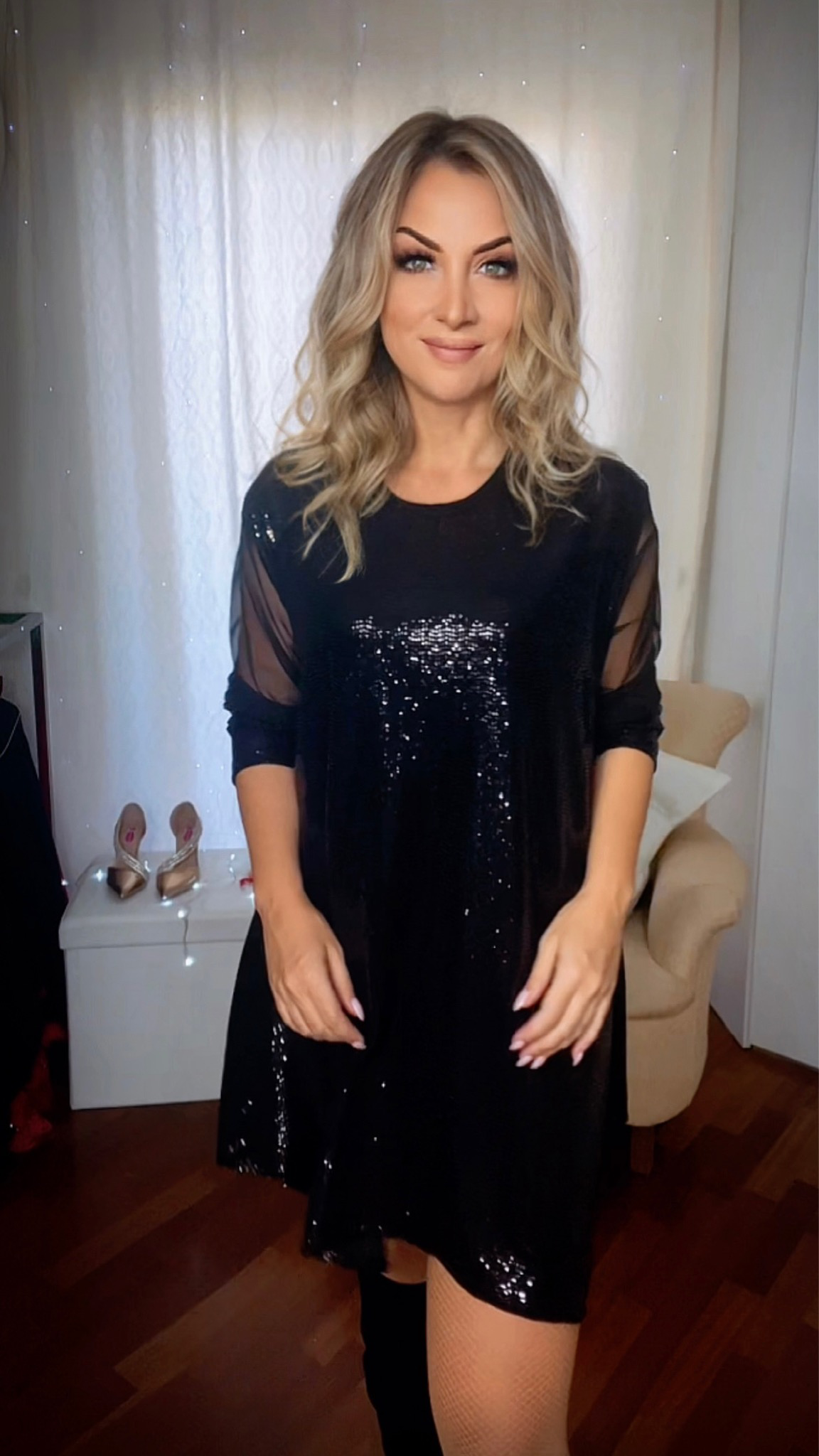 Oversized Sequin Blouse with Sheer Sleeves - Black