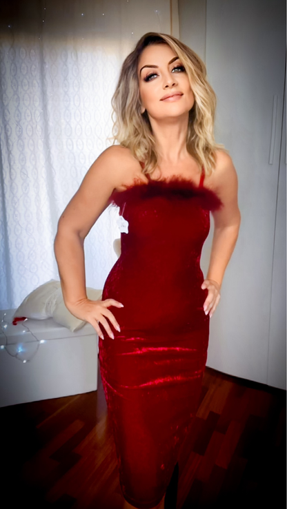 Knee-length Velvet Dress with Hand-Sewn Feathers - Bordeaux