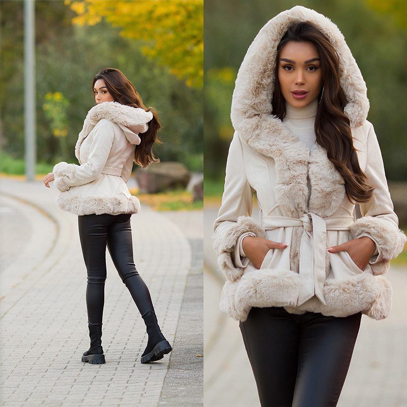 Suede Coat with Hood and Faux Fur - Cream