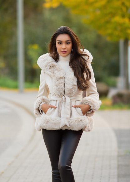 Suede Coat with Hood and Faux Fur - Cream