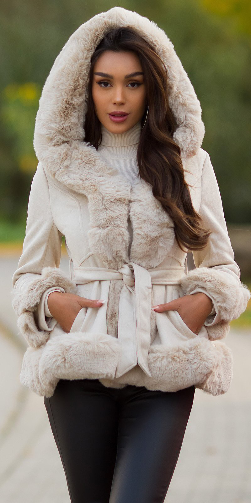 Suede Coat with Hood and Faux Fur - Cream