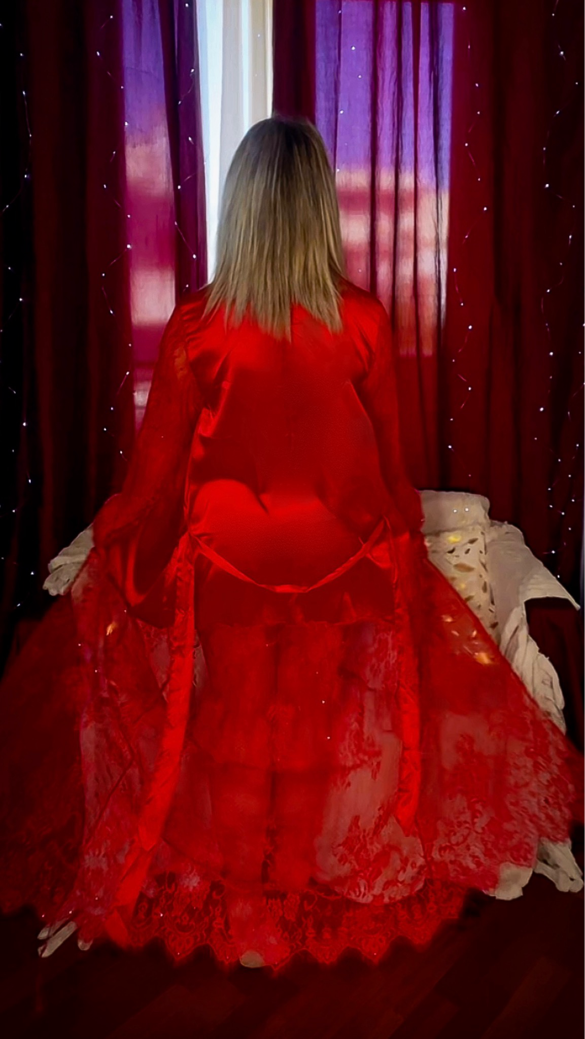 Vestaglia lunga in Satin con Pizzo - Rosso