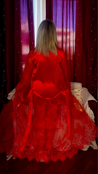 Vestaglia lunga in Satin con Pizzo - Rosso
