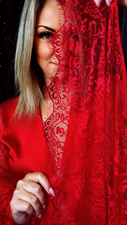 Vestaglia lunga in Satin con Pizzo - Rosso