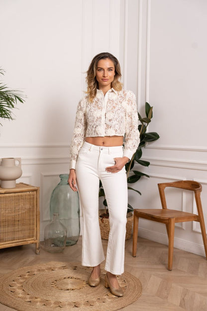 3D Rose Lace Crop Shirt - White