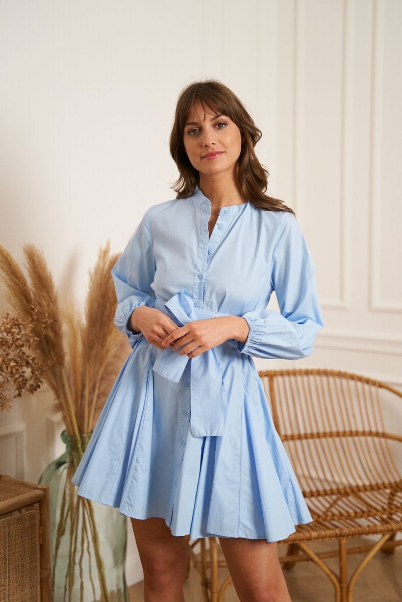 Pleated Cotton Shirt Dress - Light Blue