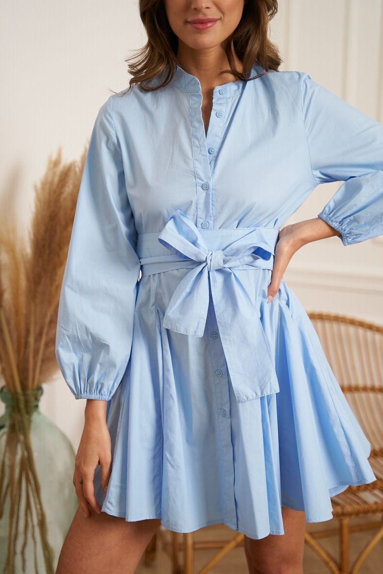 Pleated Cotton Shirt Dress - Light Blue