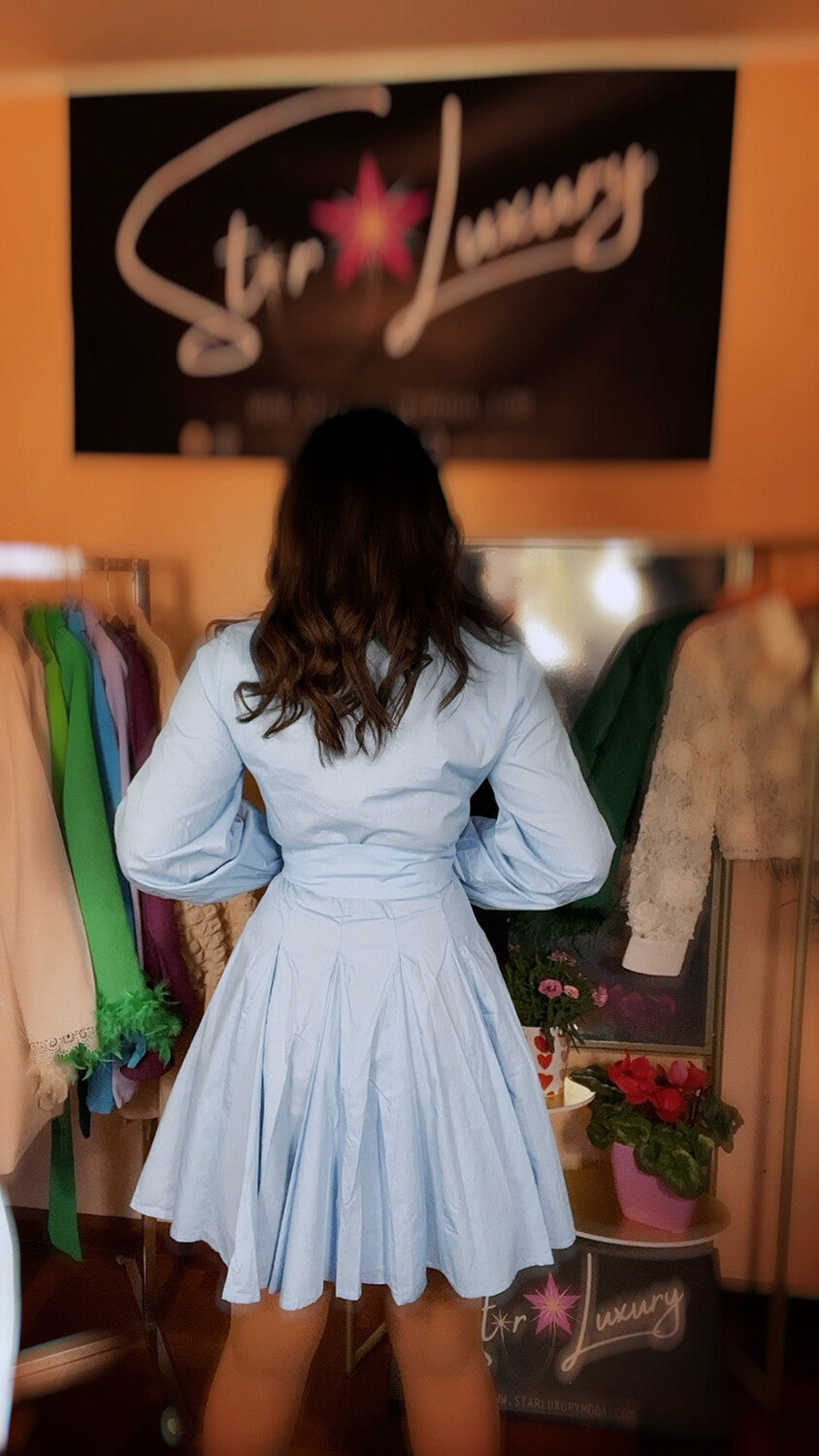 Pleated Cotton Shirt Dress - Light Blue
