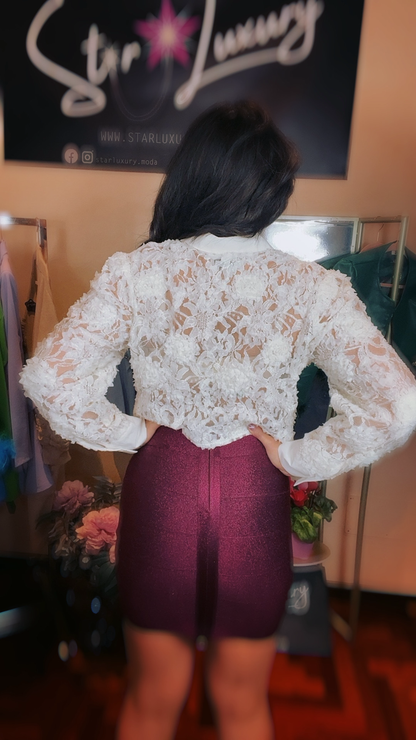 3D Rose Lace Crop Shirt - White