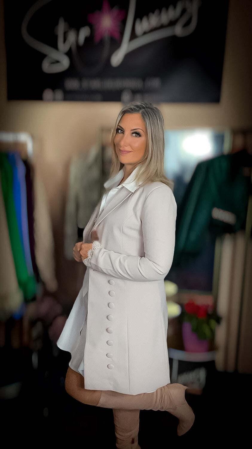 Long Trench Style Blazer Dress with Macramé Details - Beige
