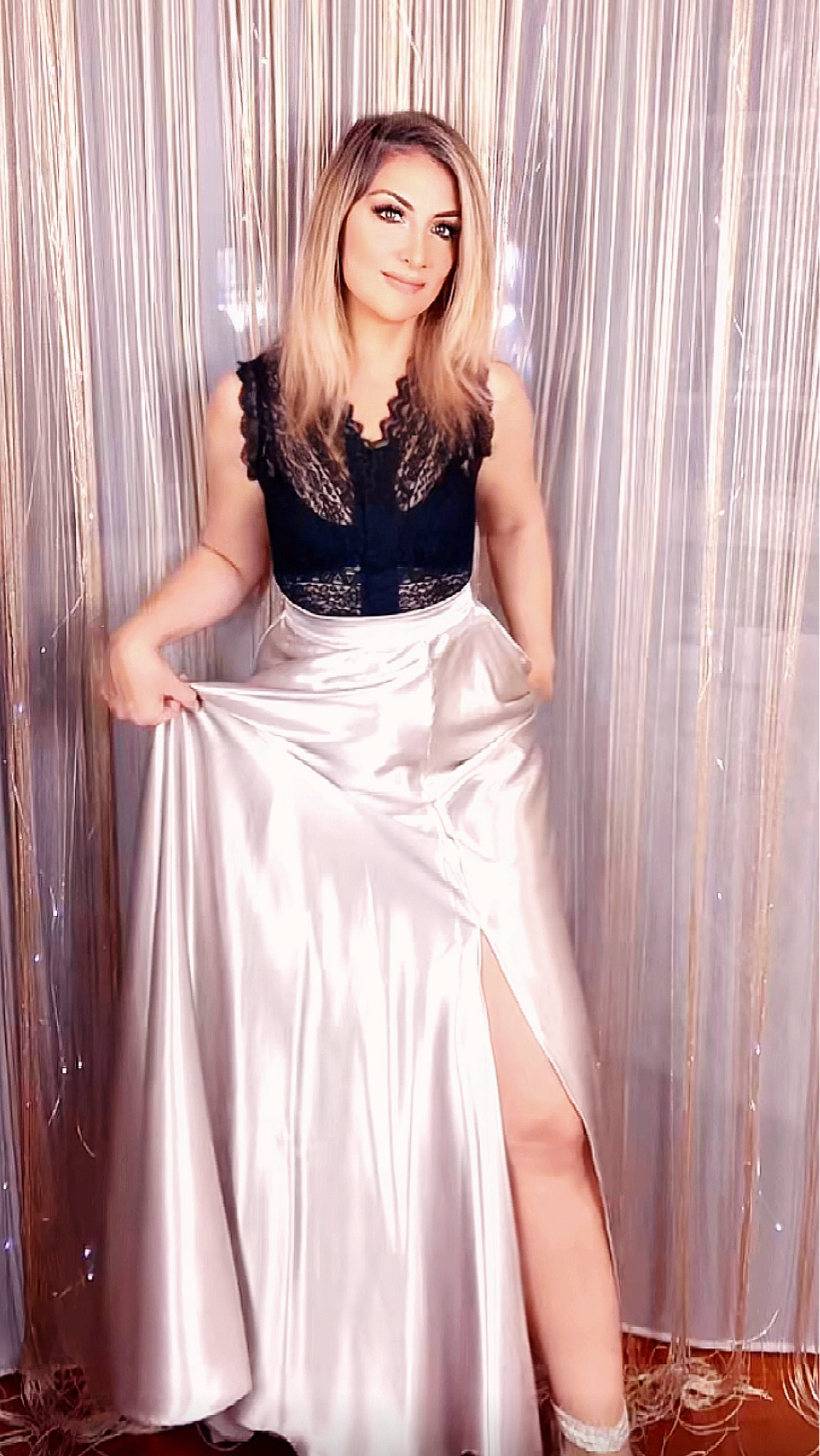 Long Satin Skirt with Tail - Silver
