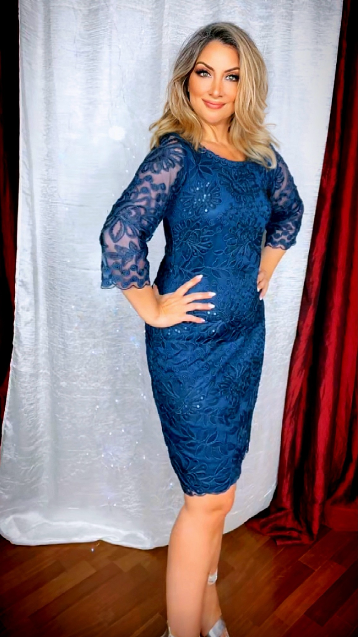 Evening Sheath Dress with Sequins - Navy Blue