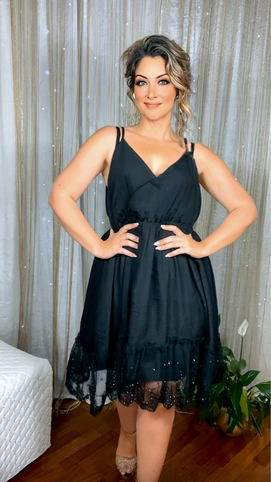 Plus Size A-Line Dress with Lace and Tulle Ruffle - Black