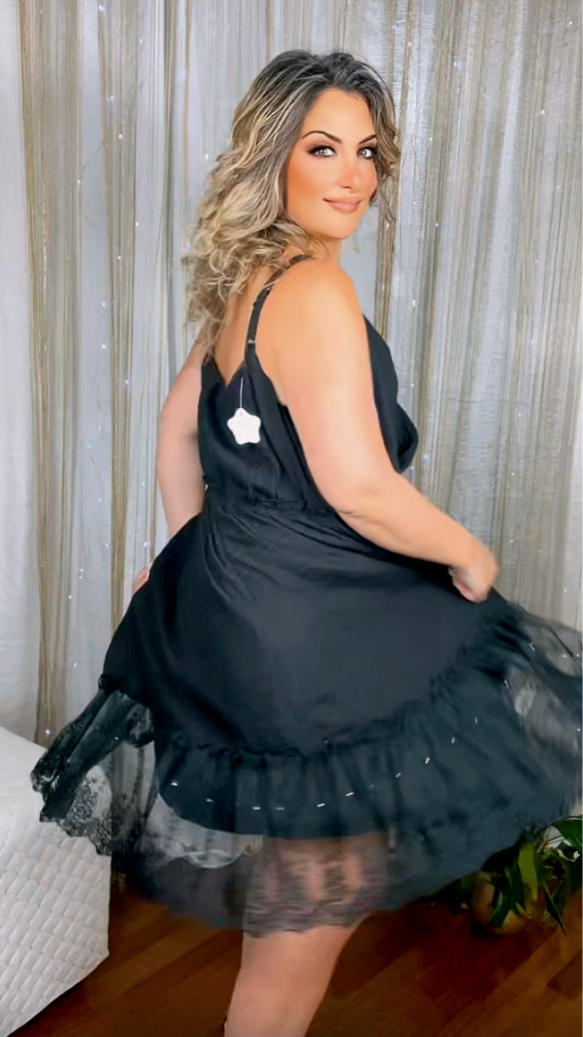 Plus Size A-Line Dress with Lace and Tulle Ruffle - Black