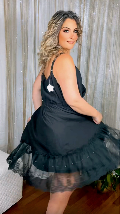 Plus Size A-Line Dress with Lace and Tulle Ruffle - Black