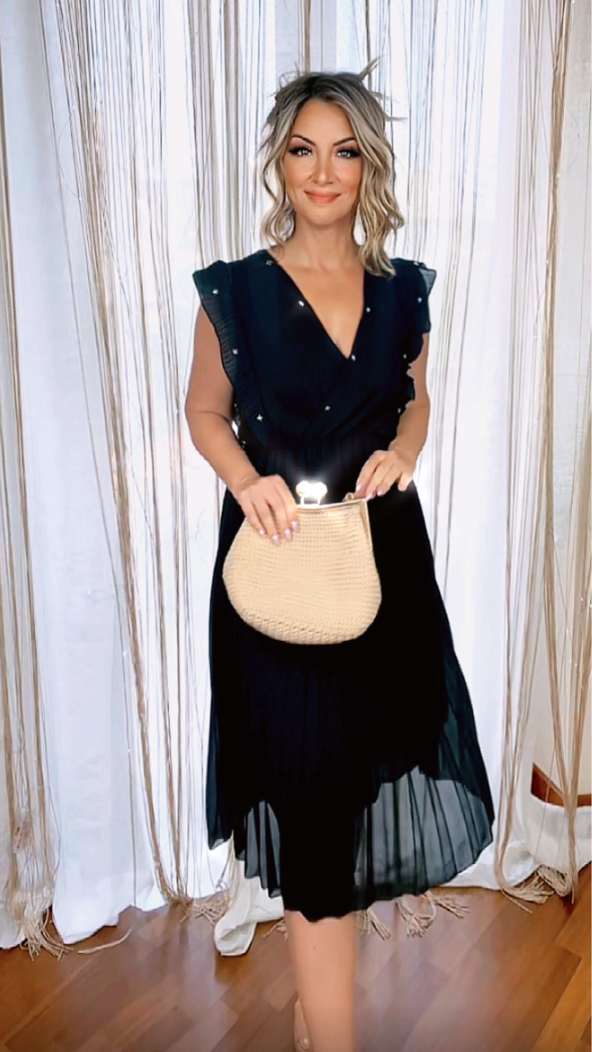 Pleated Dress with Ruffles and Star Studs