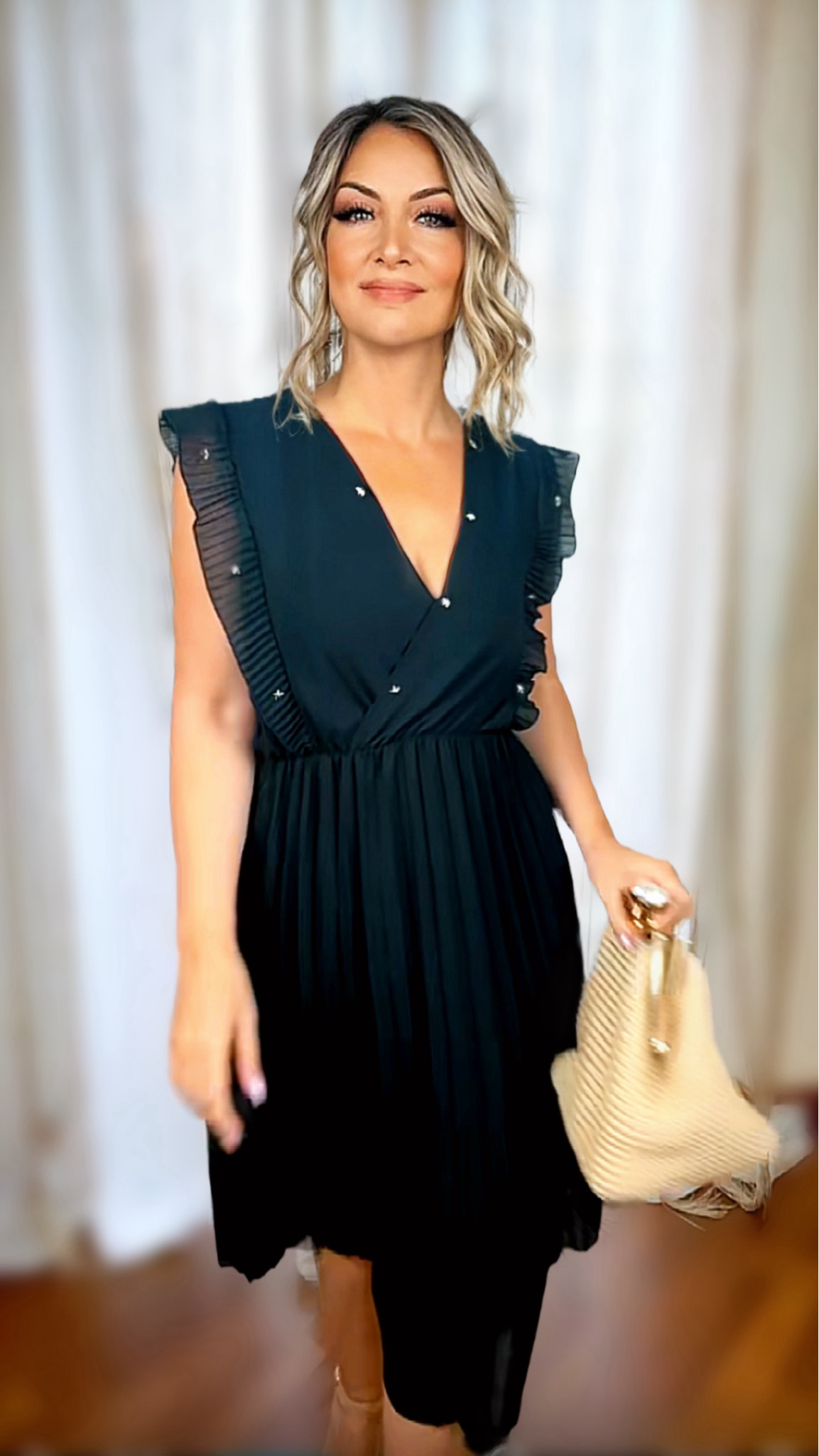 Pleated Dress with Ruffles and Star Studs