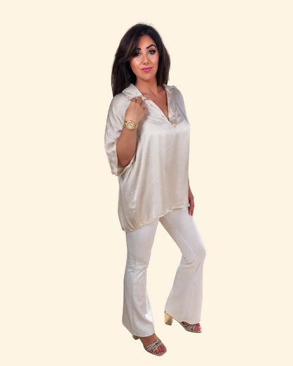 LUNARES - Blusa in Seta e Viscosa con Stelline di Strass Cucite a Mano - Avorio