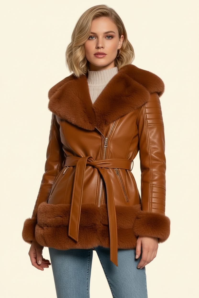 Cappotto Ecopelle con Pelliccia Ecologica e Interno Teddy - Terracotta