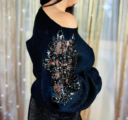 Oversized sweater with rhinestone embroidery