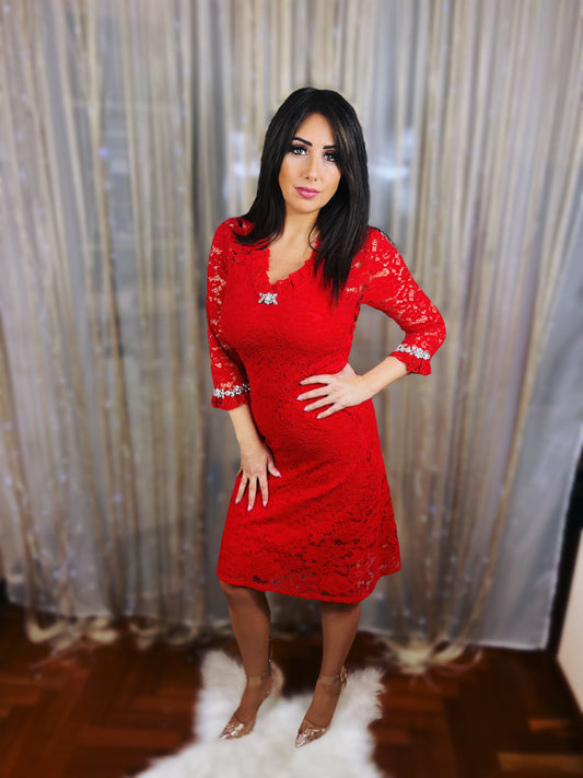 Lace Midi Dress - Red