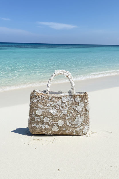 MAREA WHITE - Borsa in paglia con Fiori 3D in Pizzo Bianco