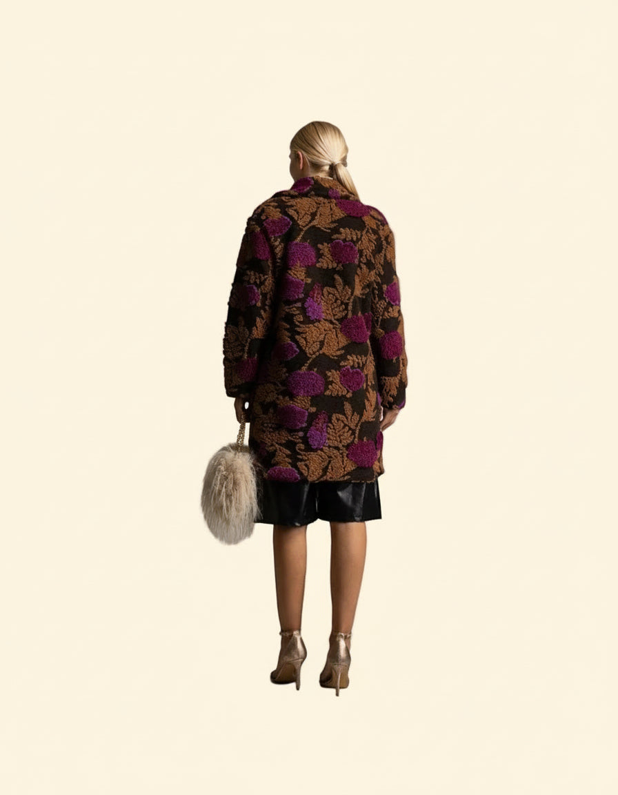 Cappotto Over Bouclé Fantasia Floreale - Marrone e viola