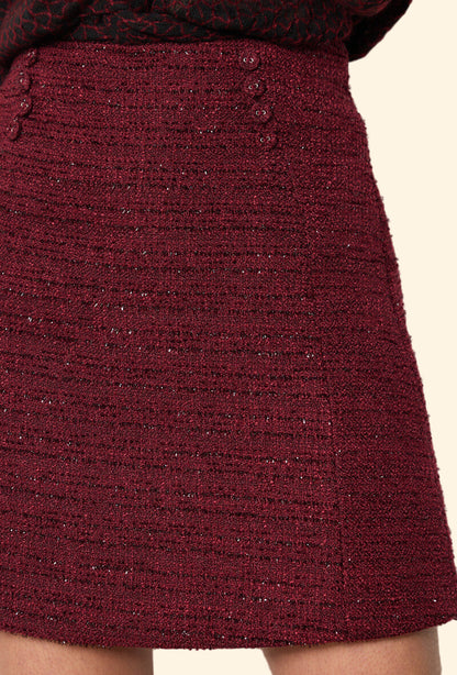 Gonna in Tweed a Vita Alta con Bottoni- Borgogna