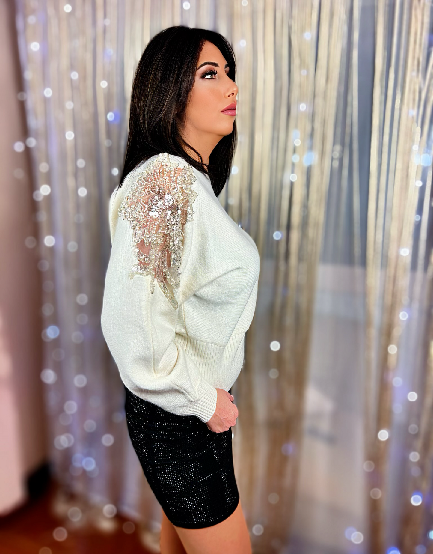 Oversized sweater with rhinestone embroidery