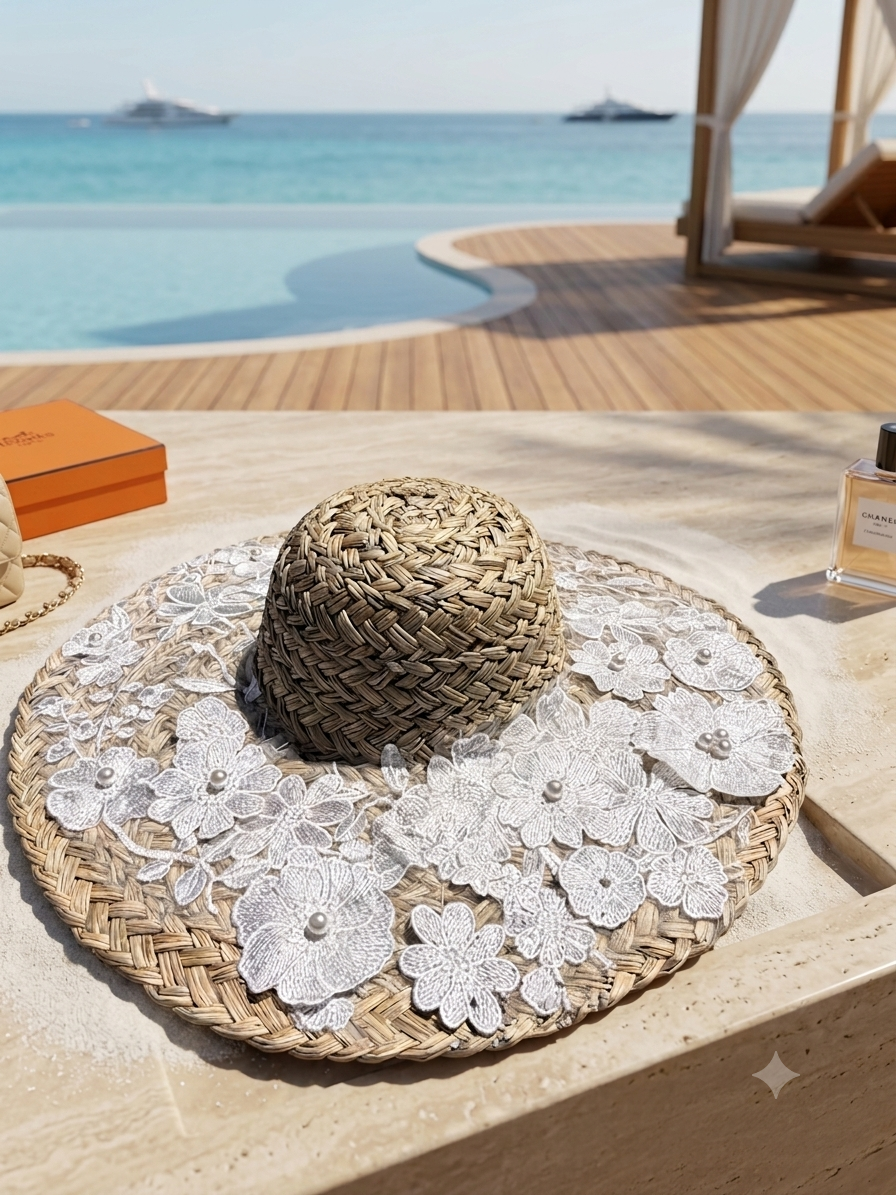 FLO WHITE - Cappello in paglia con Fiori 3D in Pizzo Bianco