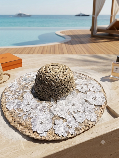 FLO WHITE - Cappello in paglia con Fiori 3D in Pizzo Bianco