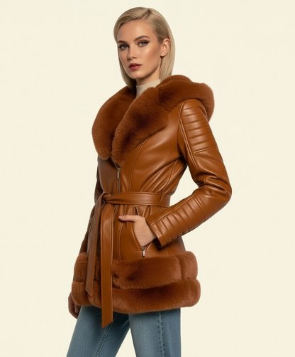 Cappotto Ecopelle con Pelliccia Ecologica e Interno Teddy - Terracotta