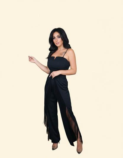 Tuta Elegante con Spacco e Frange Cucite a Mano - Nero