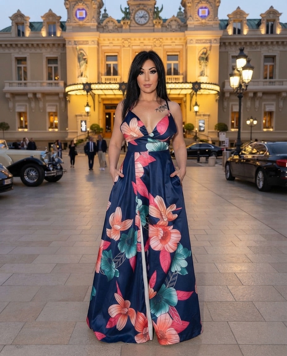 Abito lungo elegante floreale - Blu