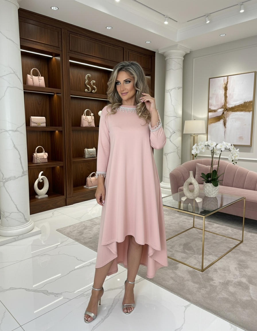 Abito Rosa Asimmetrico con Dettagli Gioiello Handmade - Pezzo Unico