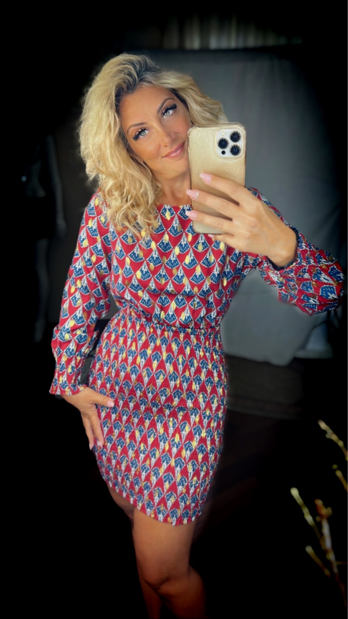 Stretch dress-Red/Blue gold leaves