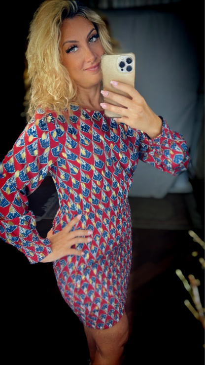 Stretch dress-Red/Blue gold leaves